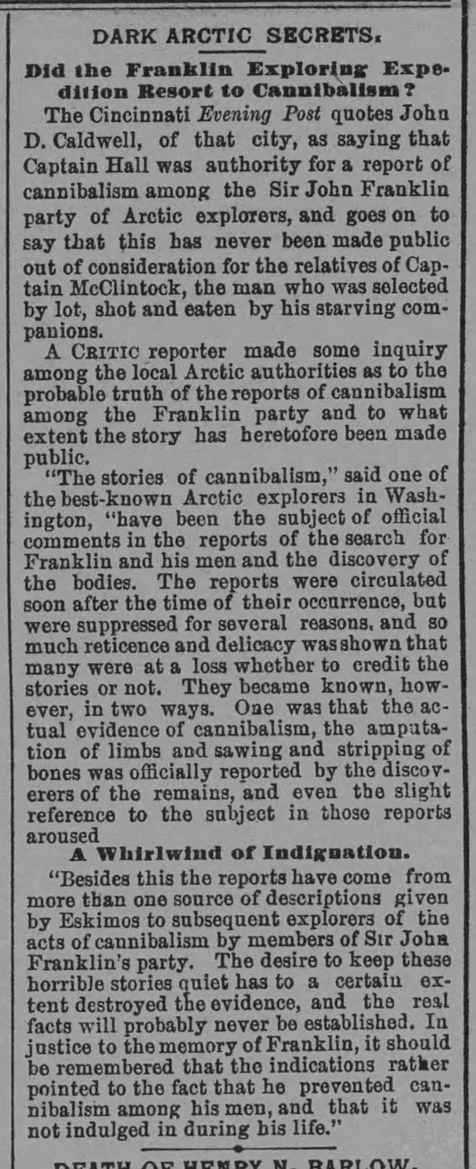 &lsquo;Dark Arctic Secrets,&rsquo; The Evening Critic (Washington, D.C.), September 1, 1884, p. 1, col. 3. The headline that gave this site its name.