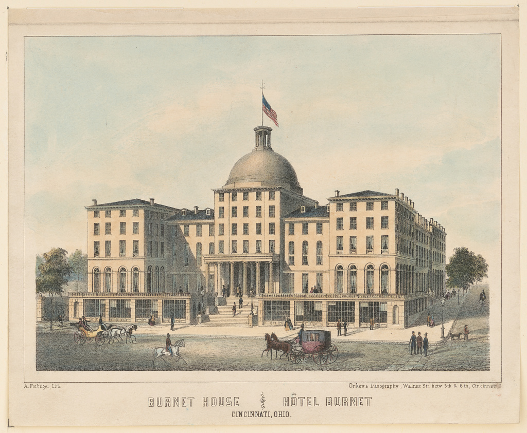 The Burnet House, Cincinnati, where Lady Franklin and Sophia Cracroft stayed during their July 1870 visit. Hand-colored lithograph by A. Forbriger, Onken&rsquo;s Lithography, c. 1850-60. Library of Congress, LC-DIG-pga-10694.