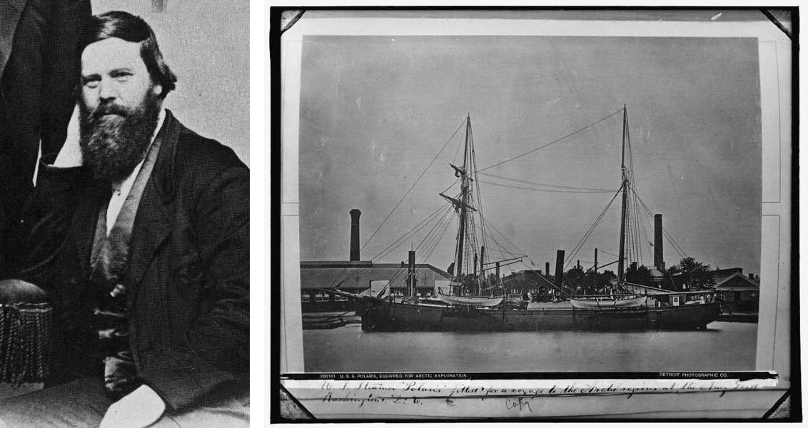 Charles Francis Hall portrait and the USS Polaris at Washington Navy Yard